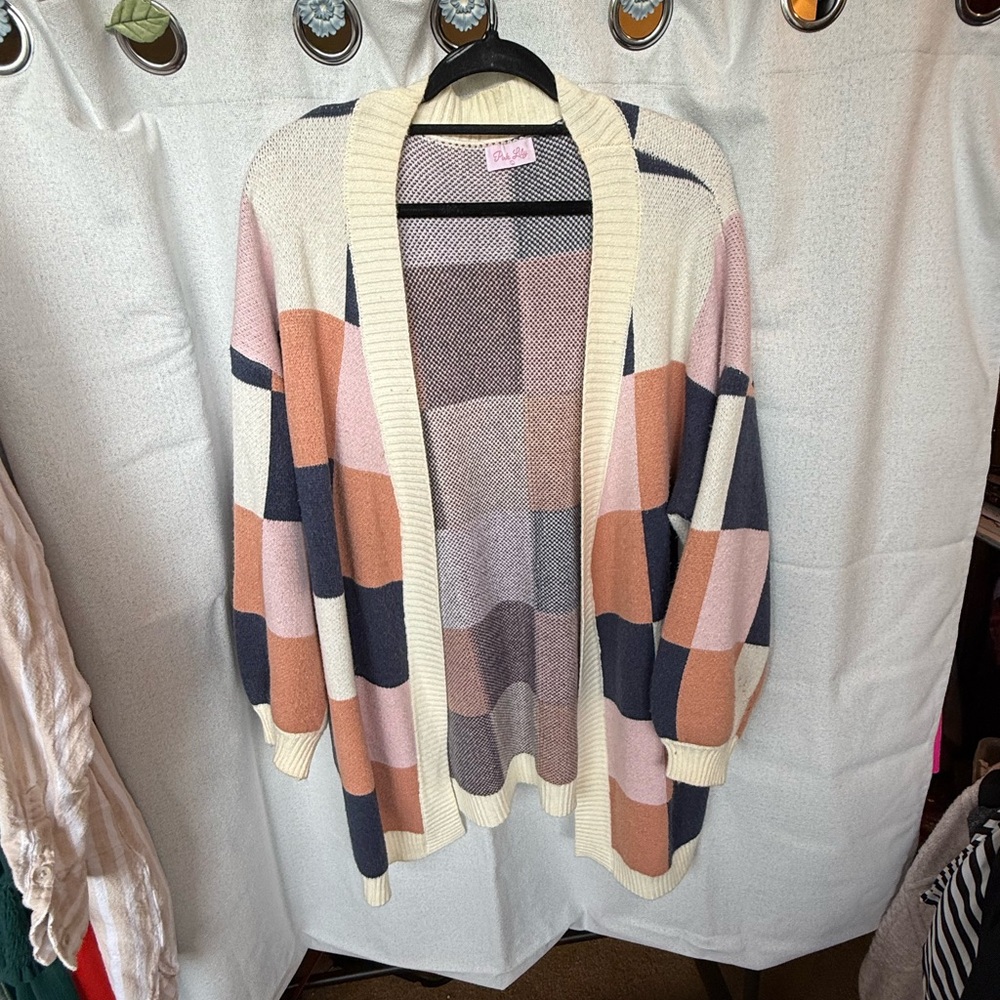 Pink Lily Multi-Color Block Open Cardigan in Pink, Cream, Navy & Peach